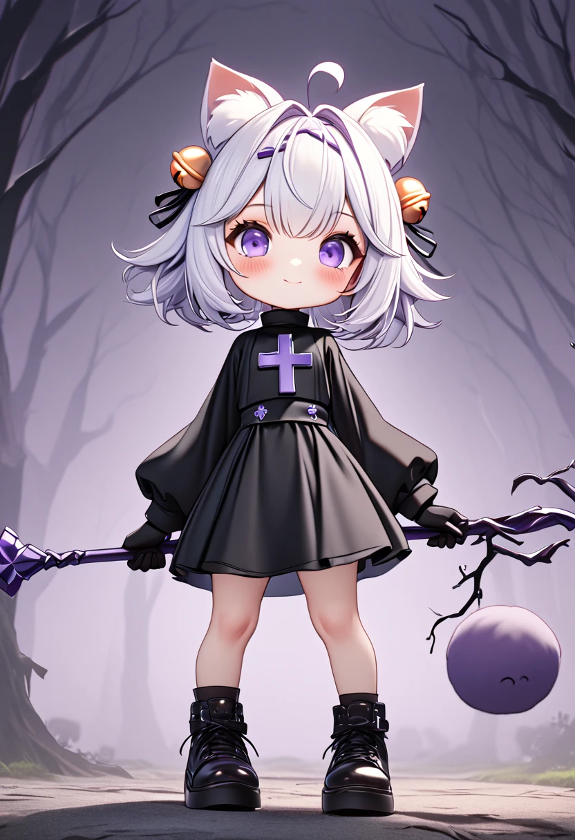 master piece, best quality, ultra-detailed, illustration, 1girl, solo, chibi, (big head), cute pose, front view, looking at viewer, ((full body Close up)), filian, filianoverall, Filiansailor, ((white hair)) , short hair, shoulder length hair, fly-away hair, bangs, (purple hair ornament:1.3), (purple hairclip:1.3), cat ears, (hair bell:1.3) ahoge, purple eyes, blush, smiling, fluffy tail, ((priest outfit)), black dress with crucifix design, long sleeves, black gloves, holding a orb staff , black shoes, spooky forest background, gloomy atmosphere, broken trees