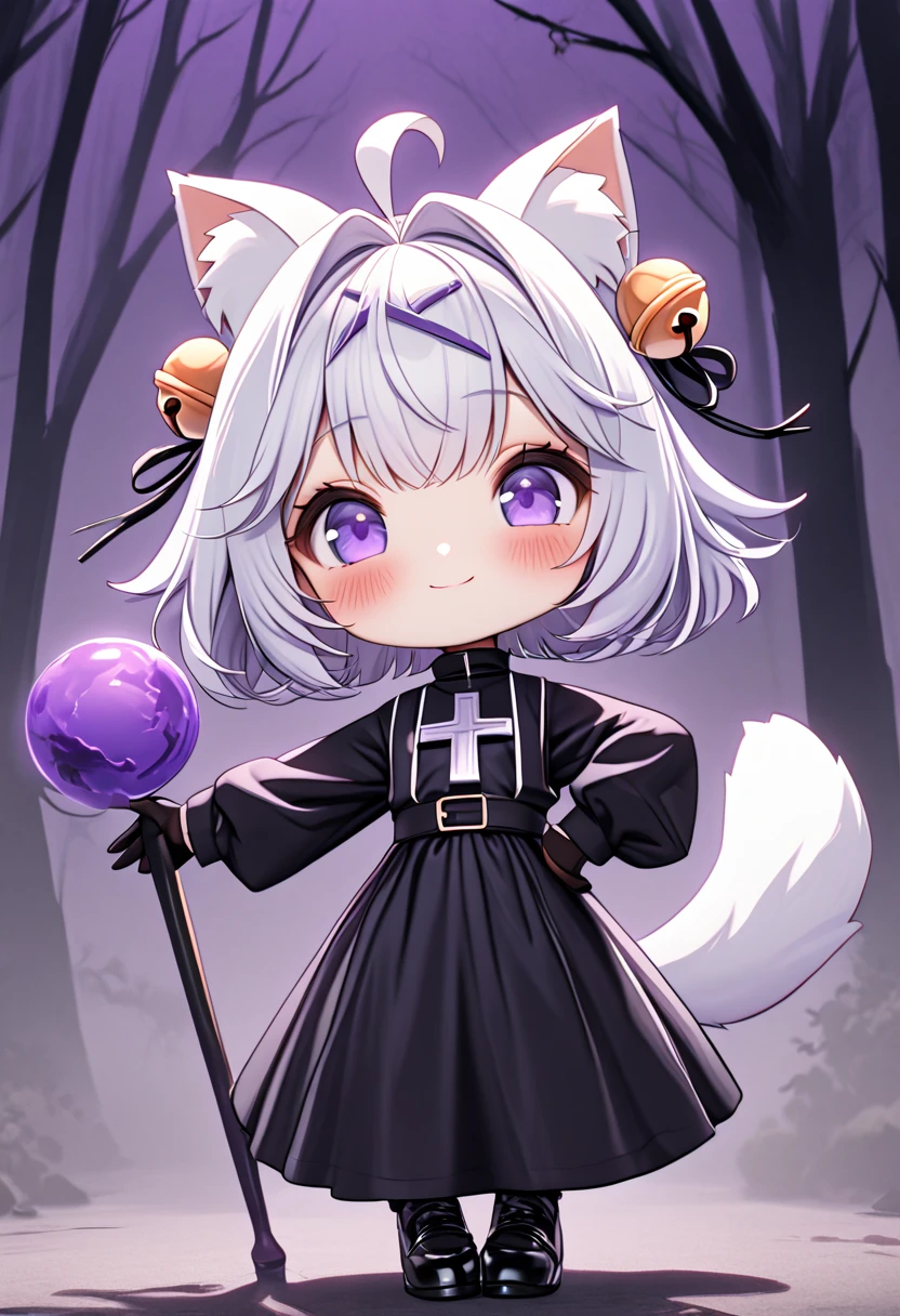 master piece, best quality, ultra-detailed, illustration, 1girl, solo, chibi, (big head), cute pose, front view, looking at viewer, ((full body Close up)), filian, filianoverall, Filiansailor, ((white hair)) , short hair, shoulder length hair, fly-away hair, bangs, (purple hair ornament:1.3), (purple hairclip:1.3), cat ears, (hair bell:1.3) ahoge, purple eyes, blush, smiling, fluffy tail, ((priest outfit)), black dress with crucifix design, long sleeves, black gloves, holding a orb staff , black shoes, spooky forest background, gloomy atmosphere, broken trees