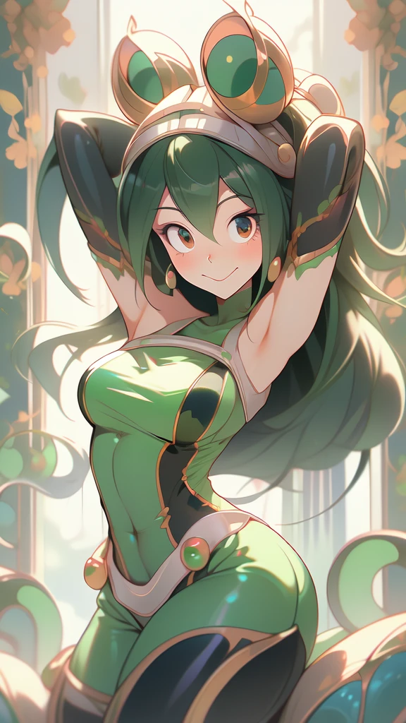 ((Masterpiece artwork, best qualityer)), Tsuyu Asui, beautfull woman, detailed outfit, high qualiy, showing armpits and pussy,detailed hands, beautiful  face, skin fair, female body, Proportionate Body, Body cute, showing tonge, colorful background, half naked, smiling 