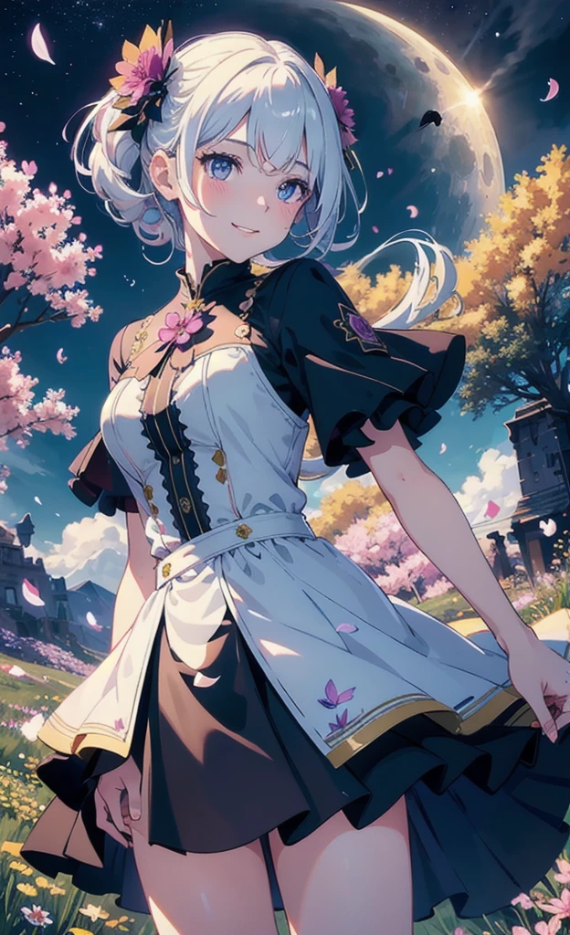 masterpiece, best quality, 1girl, (colorful),(delicate eyes and face), volumatic light, ray tracing, bust shot ,extremely detailed CG unity 8k wallpaper,solo,smile,intricate skirt,((flying petal)),(Flowery meadow) sky, cloudy_sky, moonlight, moon, night, (dark theme:1.3), light, fantasy, windy, magic sparks, dark castle,white hair