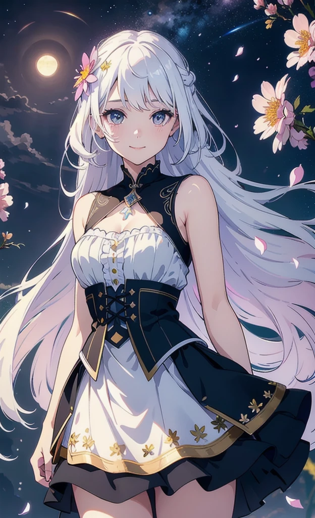 masterpiece, best quality, 1girl, (colorful),(delicate eyes and face), volumatic light, ray tracing, bust shot ,extremely detailed CG unity 8k wallpaper,solo,smile,intricate skirt,((flying petal)),(Flowery meadow) sky, cloudy_sky, moonlight, moon, night, (dark theme:1.3), light, fantasy, windy, magic sparks, dark castle,white hair
