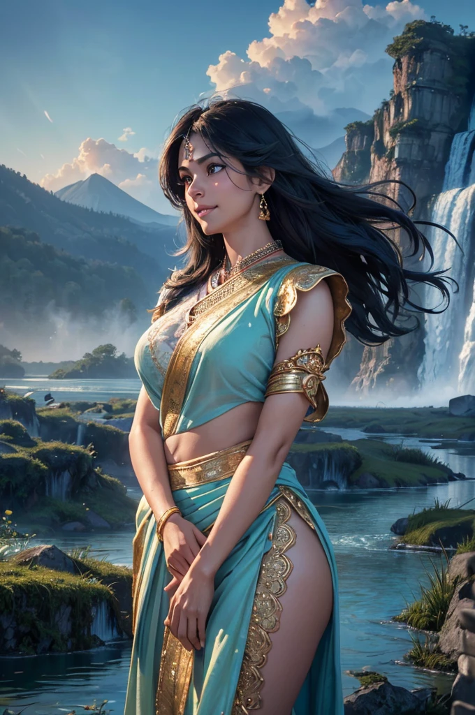 indian mature girl  indain women, mature indian ,Masterpiece, blouse less sari(((full figure ))) entire body in frame, (((magical lighting action shot))) (((beautiful fit cute smiling woman standing on marble surrounded by clouds in heaven vast floating lakes rivers waterfalls fantasy landscape))), (((gold lace  looking into the camera))) , ((( accurate hands accurate eyes))) moody lighting, blue hour, blue colors, very detailed, dramatic light, 8k HD high definition detailed realistic, detailed, skin texture, hyper detailed, realistic skin texture, armature, best quality, ultra high res, (photorealistic:1.4), high resolution, detailed, raw photo, sharp re, nikon d850 film stock photograph 4 kodak portra 400 camera f1.6 lens rich colors hyper realistic lifelike texture dramatic lighting unrealengine ,cinestill 800, (((accurate female anatomy, perfect eyes))) (((500px, fstoppers, photosight.ru, iso noise))), side view