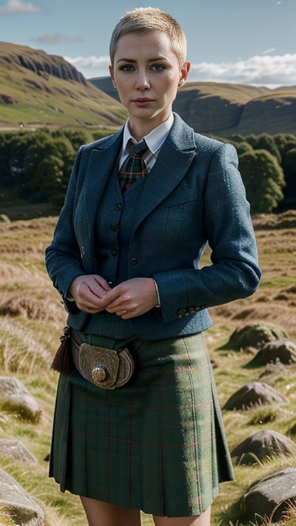 Her name Catherine Bond, Code Name 007,Scott-land-yard, MI-6 member,  Front view, (looking at viewer:1.3), Scottish woman, 30 years-old, (blond hair , blue eye, buzz cut, serious),A beautiful Scottish woman wearing traditional Highland dress, including a tartan kilt and accessories like a sporran and sash, standing in a picturesque Scottish landscape. The scene should highlight the elegance and cultural richness of Scottish heritage, ((super detail, high details, high quality, accurate, anatomically correct, textured skin, beautiful fingers super detail, high details, high quality, best quality))