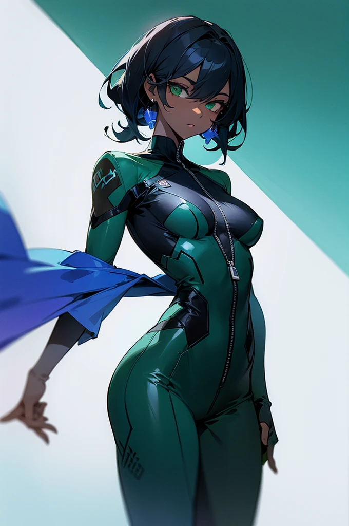 Female, black skin, Green eyes, Blue jumpsuit