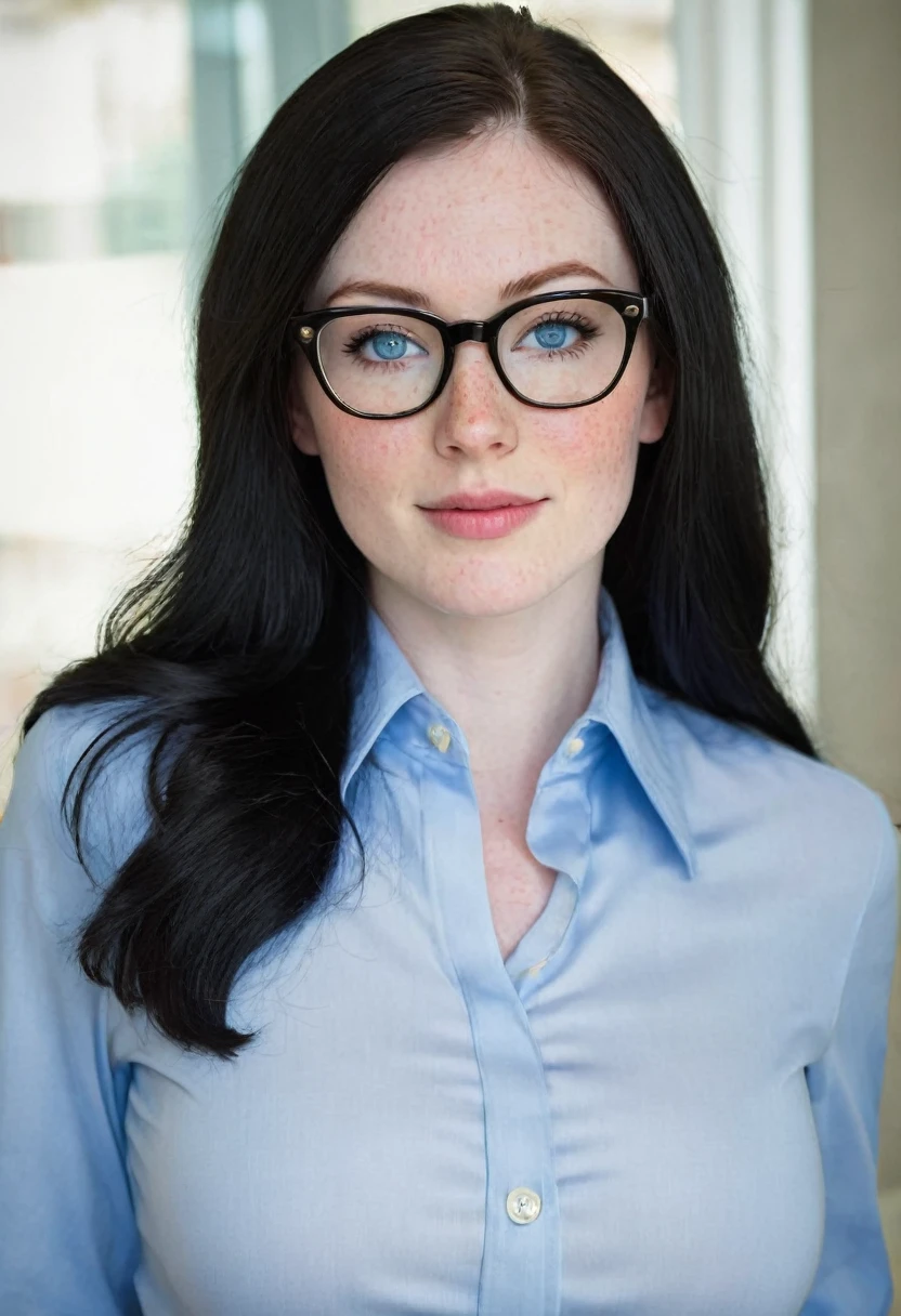 Caucasian woman 1.75 tall, light blue eyes, long black hair, pale skin and freckles, double E breasts, big butt. She is dressed as a secretary and wears glasses.