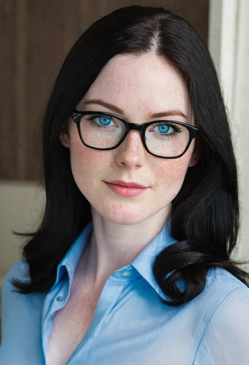 Caucasian woman 1.75 tall, light blue eyes, long black hair, pale skin and freckles, double E breasts, big butt. She is dressed as a secretary and wears glasses.