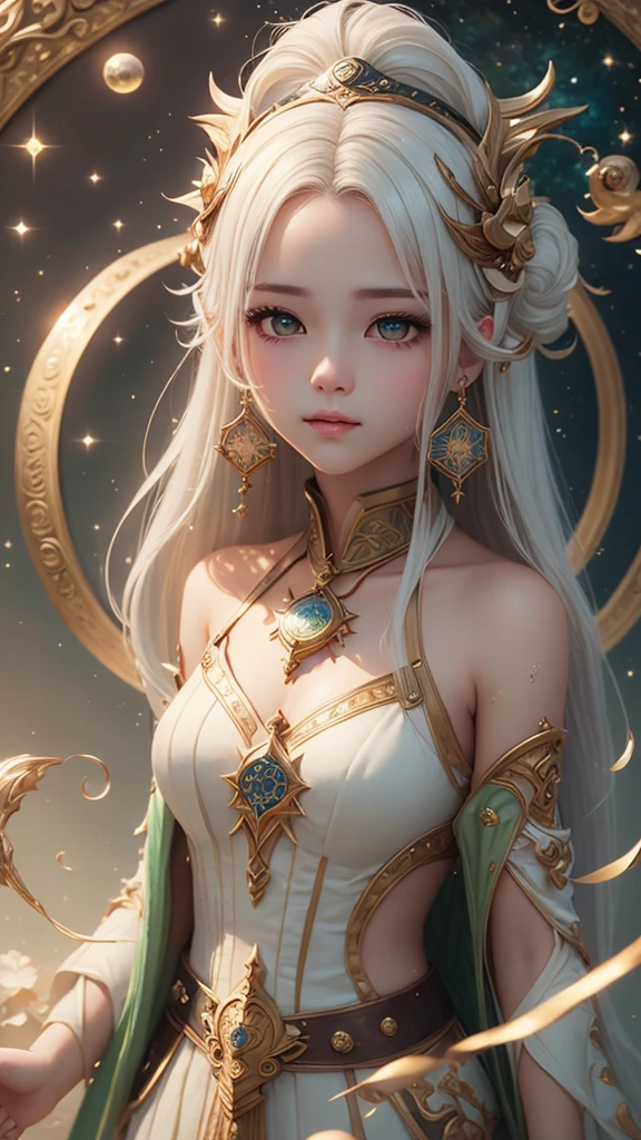 (masterpiece、Highest quality、Highest quality、Beautiful and beautiful:1.2)、Focus on the eyes、Painting of a girl with milky white hair、Astrologer costume、lime、Beautiful Eyes、12 Zodiac Signs、Going around、Luminous Splash、Beautiful 3D Earth、Warm Light