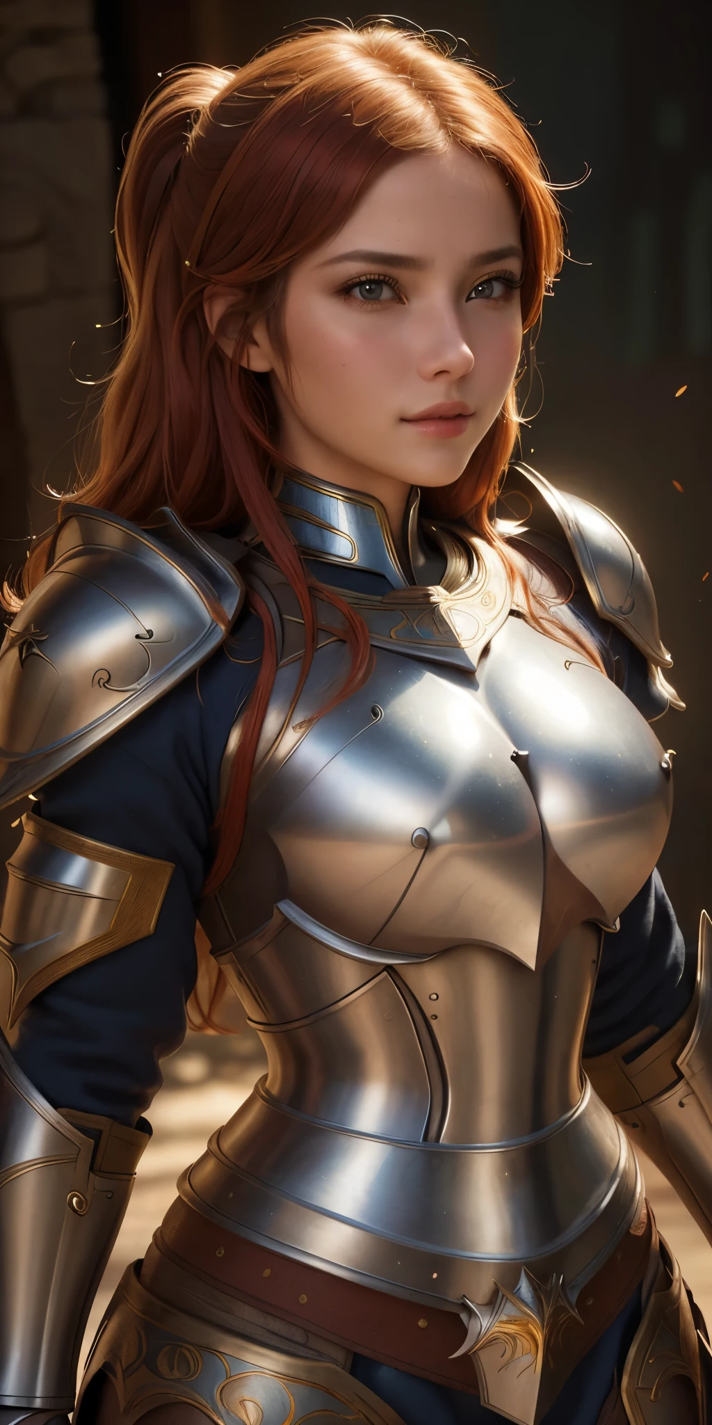 (best quality, ultra-detailed, photorealistic: 1.39), bright and vibrant colors, studio lighting, romantic expression, just a girl in armor, warrior