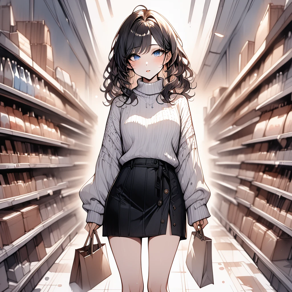 masterpiece, best quality, 1 woman, solo, black wavy hair, blue eyes, looking at viewer, white sweater, black skirt, long black boots, watercolor illustration. cartoon,she is shopping.