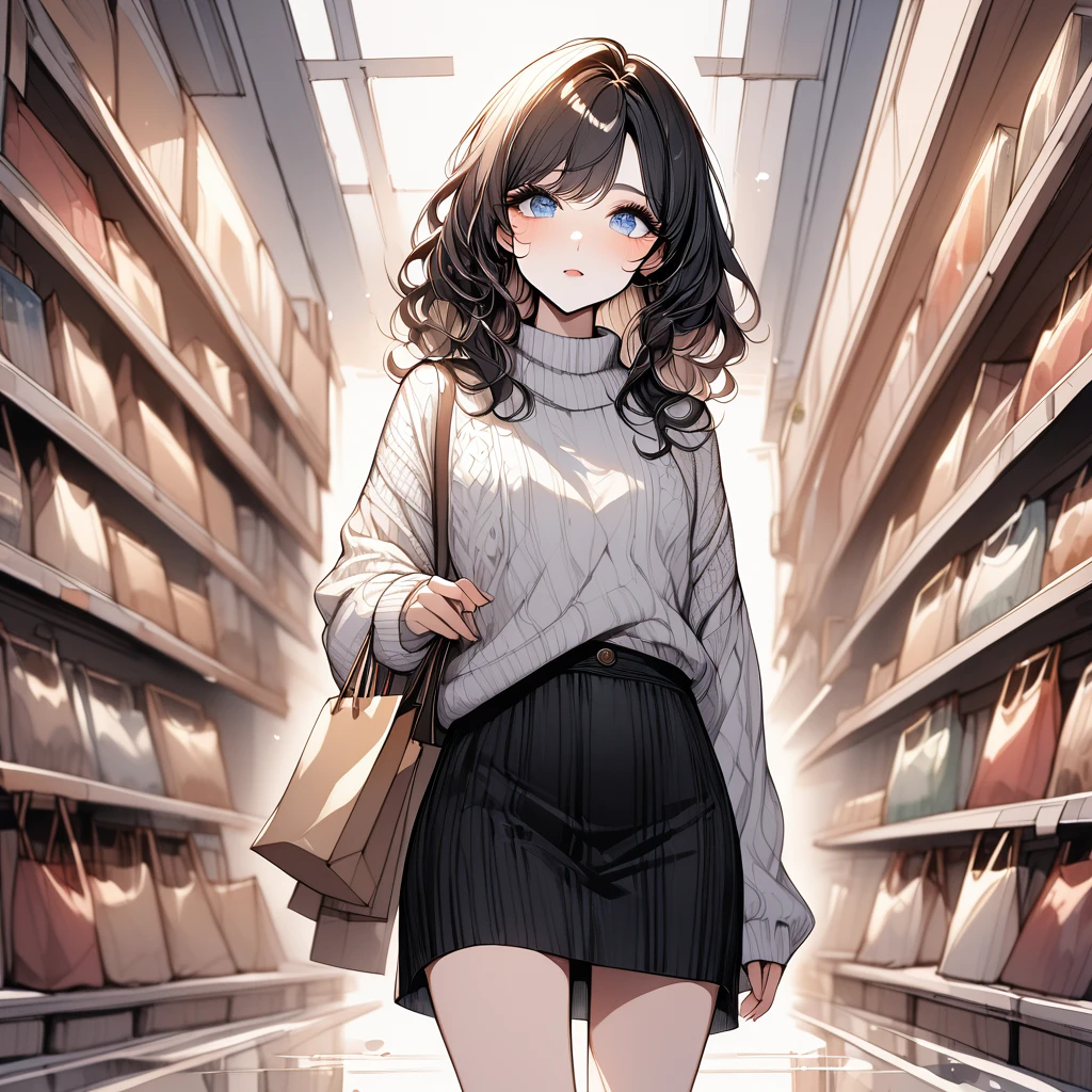 masterpiece, best quality, 1 woman, solo, black wavy hair, blue eyes, looking at viewer, white sweater, black skirt, long black boots, watercolor illustration. cartoon,she is shopping.