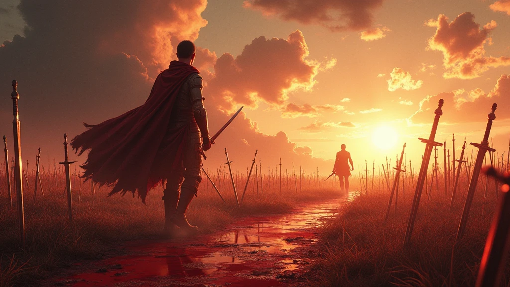 best quality，masterpiece，Ultra-high resolution, (Reality:1.4), RAW photos，War，There is blood all around，A battlefield with broken swords stuck in the ground，Style similar to Attack on Titan