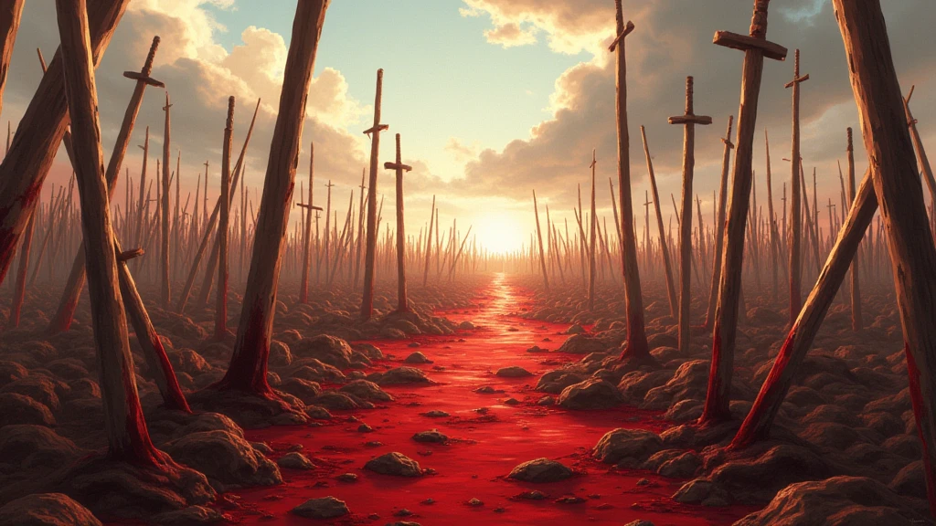 best quality,masterpiece,Ultra-high resolution, (Reality:1.4), RAW photos,War,There is blood all around,A battlefield with broken swords stuck in the ground,Style similar to Attack on Titan