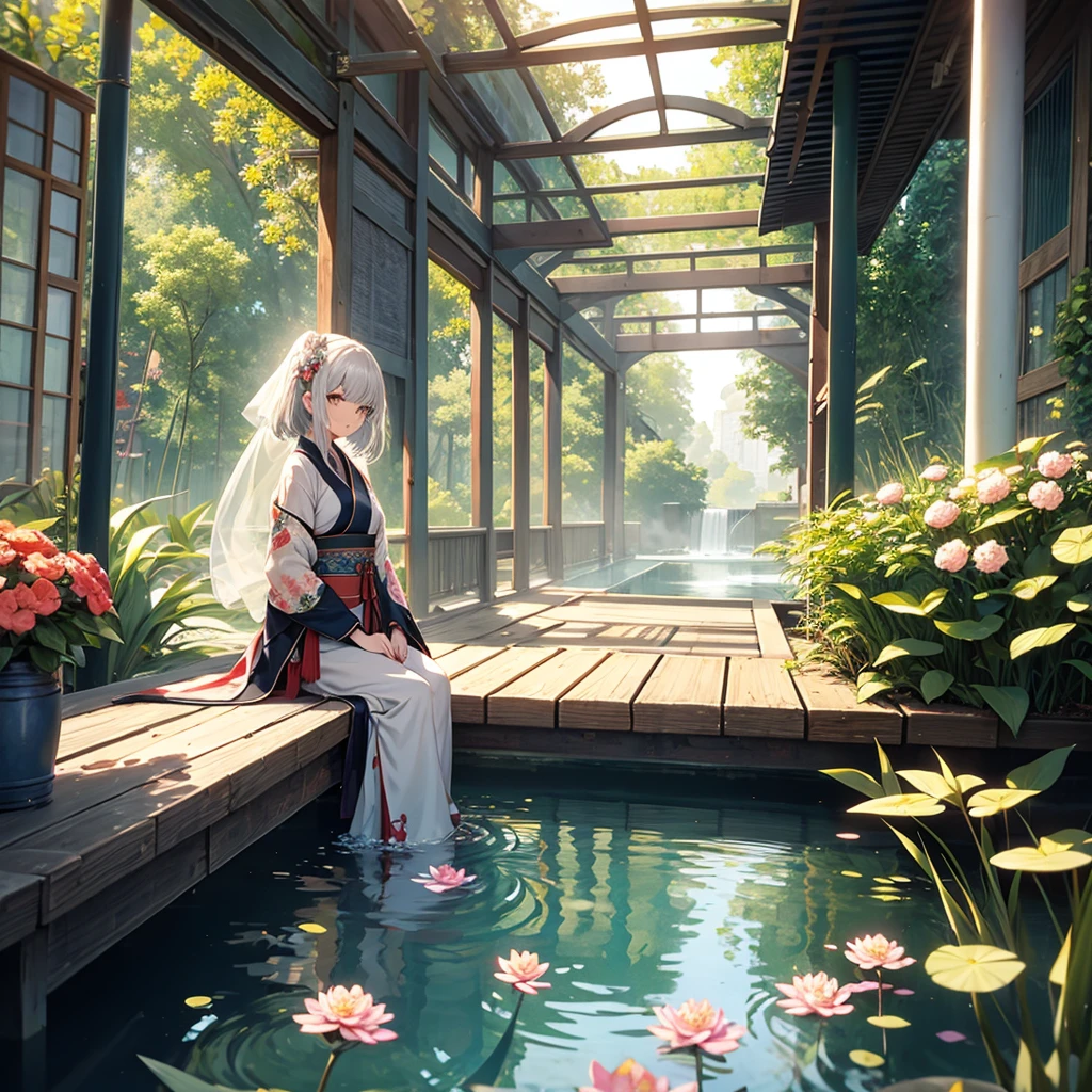 2D, Ancient style, Spring Garden, outdoor, White hair, Hanfu, nature, There is a pond in the middle of the courtyard, Begonias floating in the pond, girl sitting on a bench in the corridor, Wear a transparent feather robe, Holding a bamboo flute, Any body posture, Intricate details, best quality, Ray Tracing, Rendering, 8K, masterpiece