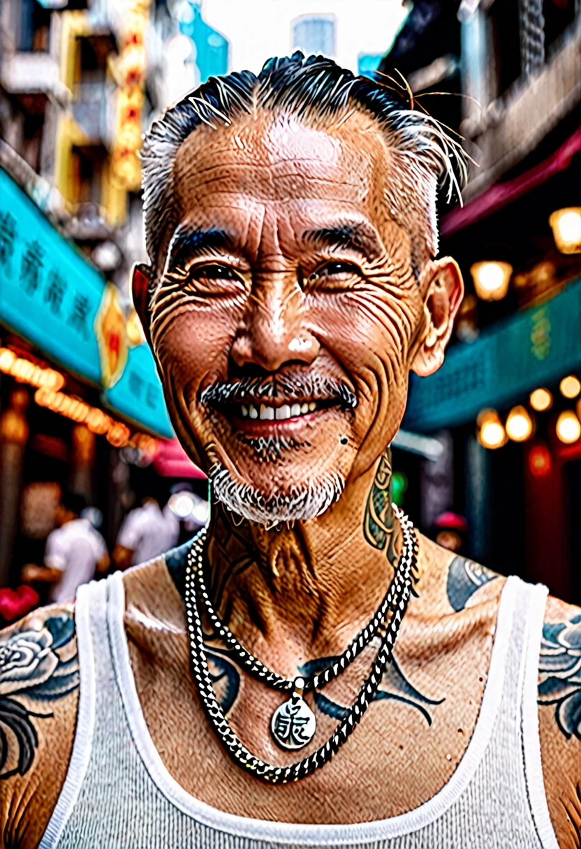 Close-up of a handsome old man, muscular, tattooed, wearing a necklace, hair tied up, street background, gangster style, romantic, Hong Kong cinema. Photo taken with Canon EOS R5 85mm f/11 camera, ((sharp)) mode of the person and surrounding scenery. Image quality ((8K)), ((realistic)), ((masterpiece)), ((sharpest and highest contrast)), ((excellent depth of field)), ((stereoscopic lighting)). ((bright, bright smile)), detailed pores, ((Direct light on the face)), bright sunlight.