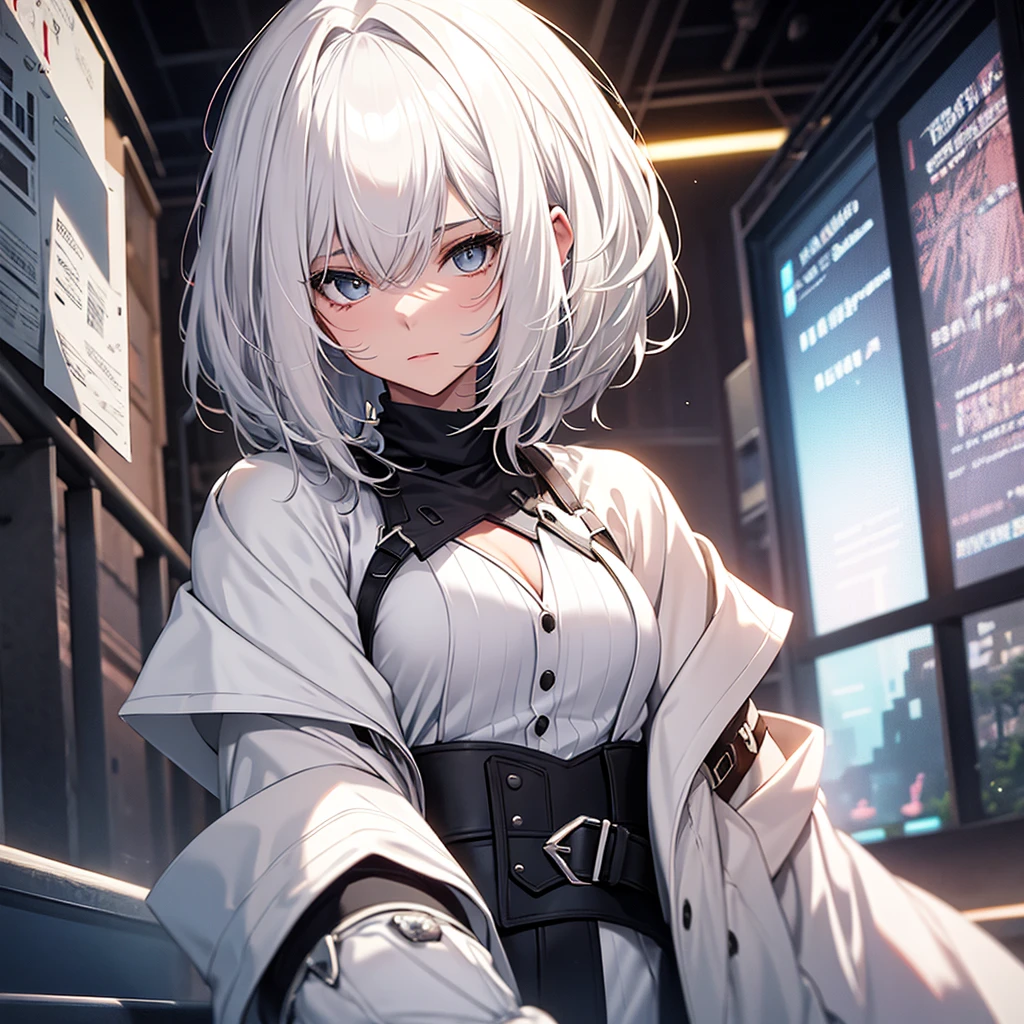 ((16 nights)), ((Projected)), role play, 20-year-old female, (((White hair)), ((#1: Medium Length Spiked Hair)), ((Blue maid outfit)), ((White shirt)), Mid-chest, (Light)))), (posture))), (Realistic photos: 1.3), rim Lighting, (High Detail Skin:1.2), 8K UHD, Digital SLR Camera, high quality, high resolution, 4K, 8K, Bokeh, absurd, Optimal ratio:Four fingers and one thumb, (real:1.3), The cutest girl, A lot of knives