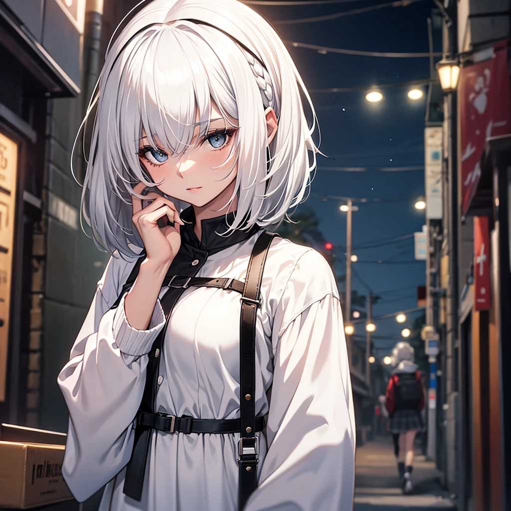 ((16 nights)), ((Projected)), role play, 20-year-old female, (((White hair)), ((#1: Medium Length Spiked Hair)), ((Blue maid outfit)), ((White shirt)), Mid-chest, (Light)))), (posture))), (Realistic photos: 1.3), rim Lighting, (High Detail Skin:1.2), 8K UHD, Digital SLR Camera, high quality, high resolution, 4K, 8K, Bokeh, absurd, Optimal ratio:Four fingers and one thumb, (real:1.3), The cutest girl, A lot of knives