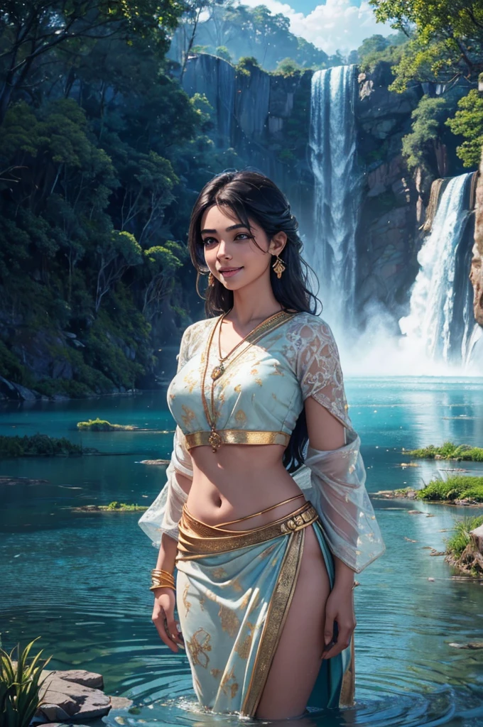 indian mature girl indain women, mature indian ,Masterpiece, blouse less sari(((full figure ))) entire body in frame, (((magical lighting action shot))) (((beautiful fit cute smiling woman standing on marble surrounded by clouds in heaven vast floating lakes rivers waterfalls fantasy landscape))), (((gold lace looking into the camera))) , ((( accurate hands accurate eyes))) moody lighting, blue hour, blue colors, very detailed, dramatic light, 8k HD high definition detailed realistic, detailed, skin texture, hyper detailed, realistic skin texture, armature, best quality, ultra high res, (photorealistic:1.4), high resolution, detailed, raw photo, sharp re, nikon d850 film stock photograph 4 kodak portra 400 camera f1.6 lens rich colors hyper realistic lifelike texture dramatic lighting unrealengine ,cinestill 800, (((accurate female anatomy, perfect eyes))) (((500px, fstoppers, photosight.ru, iso noise))), side view