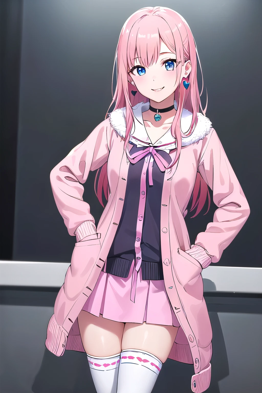 (8K, top-quality, masterpiece:1.2), (reallistic, Photorealsitic:1.37), Super Detail, One girl,), (Highly detailed), (beautifully detailed eyes), (of the highest quality), (super detailed ), (masterpiece), (Detailed face),20yr old, ,1 girl, ((pink hair,long hair)), medium breasts, clothed, Perfect Lighting, BREAK, (pastel colors:1.2), (pink:1.2), (white:1.2), (light blue:1.2), (flower pattern:1.2), (heart pattern:1.2), (ribbon accents:1.2), woman, 1 girl, (fur coat:1.3), (long-sleeved:1.3), (blouse:1.3), (short-sleeved:1.3), (cardigan:1.3), (mid-thigh length:1.3), (skirt:1.3), (A-line silhouette:1.3), (heart-shaped pockets:1.3), (ribbon trim:1.3), (knee-high socks:1.3), (pale pink:1.3), (pumps:1.3), (heart-shaped earrings:1.3), (silver:1.3), (choker:1.3), (ribbon tie:1.3), BRAKE, (upper body and thighs:1.2), (long hair:1.2), (pink hair:1.2), (smiling:1.2), (facing forward:1.2), (head tilted:1.2), (hand on hip:1.2), (holding skirt hem:1.2), (white background:1.2), (soft lighting:1.2), BRAKE