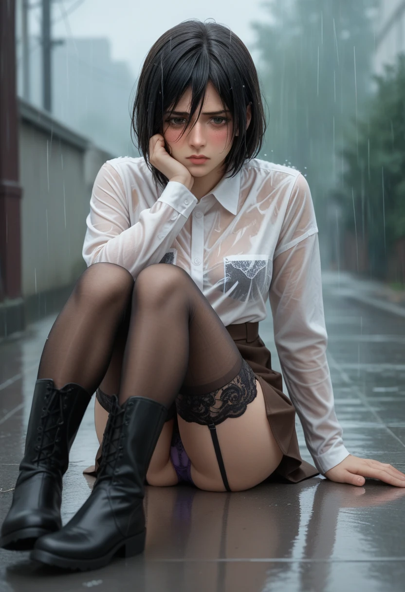 1 girl, Mikasa Ackerman, long black hair, under the rain, shy, blush, white long sleeve shirt, braless, transparent lace lingerie, through the shirt, short skirt, garter belt, lace purple , lace black stockings, long black boots, perfect feet, perfect body, perfect legs, perfect arms, perfect hands, Whole body. sitting on the floor,