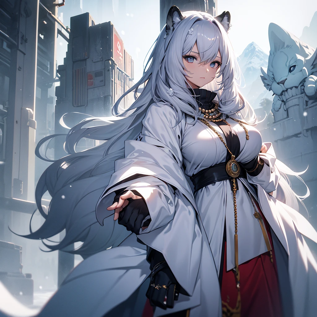 (masterpiece, best quality:1.2),1 Girl, Upper Body,Tail, large Tail, White hair, Very long hair, curls, Gray eyes, deTailed eyes, Colorful hair, ring, Bead necklace, Animal ears, Leopard ears, Black cape, White Dress, - Hip vents, Pelvic Curtain, Grey knee-length socks, snow, snow mountains, snowstorm, Volumetric Lighting, Subsurface scattering, Movie Lighting, Chiaroscuro, Flowing hair, Place your hands on your chest