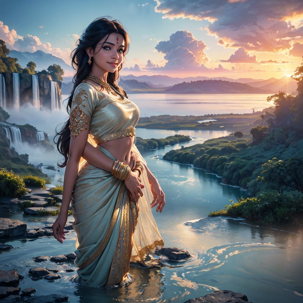 indian mature girl indain women, mature indian ,Masterpiece, blouse less sari(((full figure ))) entire body in frame, (((magical lighting action shot))) (((beautiful fit cute smiling woman standing on marble surrounded by clouds in heaven vast floating lakes rivers waterfalls fantasy landscape))), (((gold lace looking into the camera))) , ((( accurate hands accurate eyes))) moody lighting, blue hour, blue colors, very detailed, dramatic light, 8k HD high definition detailed realistic, detailed, skin texture, hyper detailed, realistic skin texture, armature, best quality, ultra high res, (photorealistic:1.4), high resolution, detailed, raw photo, sharp re, nikon d850 film stock photograph 4 kodak portra 400 camera f1.6 lens rich colors hyper realistic lifelike texture dramatic lighting unrealengine ,cinestill 800, (((accurate female anatomy, perfect eyes))) (((500px, fstoppers, photosight.ru, iso noise))), side view