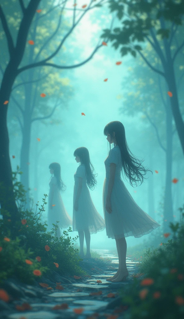 (Attention to detail:1.2)Anime Girls,(Cinema Lighting,Delicate colors),(Fallen leaves:1.2), Subdued lighting, Wind, fog. Turquoise, Delta Shade. Discord Banner