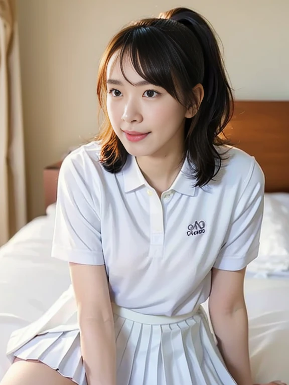 (Masterpiece, Best quality: 1.2), (Ultra realistic, Photo-realistic: 1.2), Slender body, From above, (Seductive pose: 1.2), Bedroom eyes, (Beautiful thighs: 1.1), (Spread legs:1.1), Natural light, 28 years old actress, Japanese women, Neat and clean, (Ponytail short wavy hairstyle: 1.1), Short wavy hair, ((Wearing white tennis uniform, White short-sleeve polo shirt: 1.2)), (unbutton: 1.3), ((Wearing White tennis pleated skirt: 1.3)), Wearing white sock, (Beautiful face), Oval face, clear, Beautiful eyes, Kind eyes, Clear skin, Small face, Beautiful mouth, Small mouth, Natural makeup, Approachable, Seductive smile, Embarrassed, Blush, Luxury hotel Suite room, On bed,