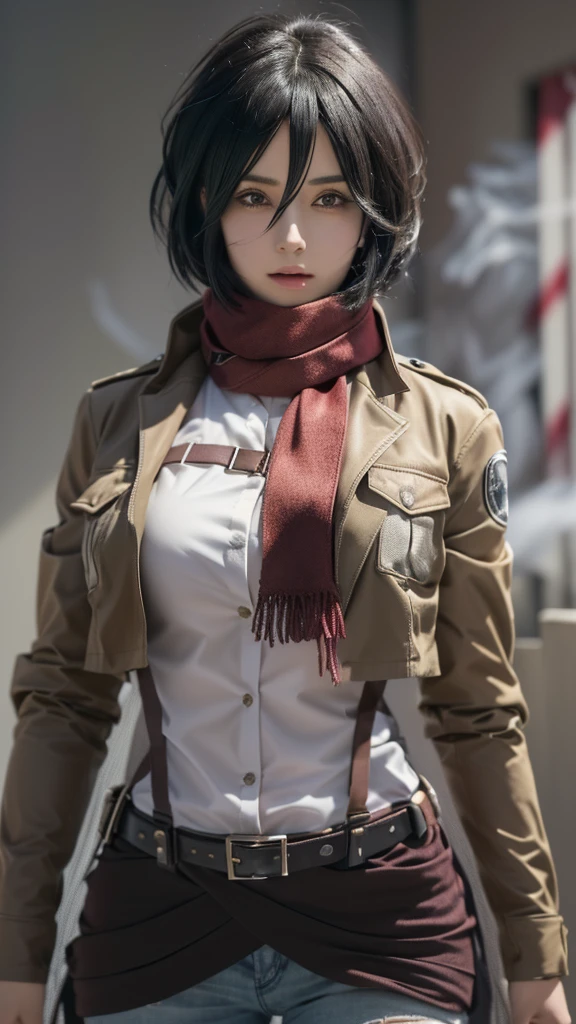 Close-up of a woman in a jacket and scarf, Mikasa Ackerman, From Attack on Titan, anime girl Cosplay, anime Cosplay, Similar to Annie Leonhart, full-Cosplay, Cosplay, female Anime characters, realistic Cosplay, professional Cosplay, Anime characters, Attack on Titan anime style, Portrait of a female anime hero, Real life anime girls