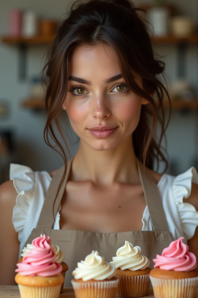 busty brunette girl, 24 years old. baker's apron, modestly dressed, detailed eyes and face, no makeup, ultra detailed messy hair,Attractive appearance,confident look,long eyelashes,beauty,sexy brunette, fairys hiding behind cupcakes, sharp focus,vivid colors, bakery, baking cupcakes, studio lighting