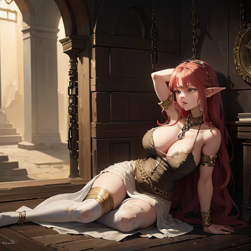 Red haired elf princess, (wears dirty ripped princess clothes: 1.5), (a chain around her neck that’s tight: 1.5) (has a lost look: 1.3), She is located in an old and dirty cell. Best quality, 4K, 8K, A high resolution, Masterpiece:1.2), Ultra-detailed, Exquisite facial features,details expressed, Graceful, Depressing atmosphere, expressive brush strokes, mystical ambiance, Artistic interpretation, tangled coiled hair,exquisite details, Stunning intricate costumes, Fantasy illustration, Subtle colors and tones, The details have been upgraded, medieval princess, heaving breasts, chained to wall, crying, looking for hope,