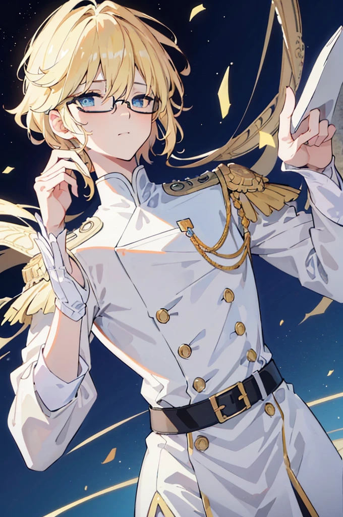 초상화, Face_through_torso, arcanepunk, 남성, Solo, short_hair(asymmetrical_bangs, light_blonde_hair, hair_over_one_eye), worried_face(sky_blue_eyes, spade shaped_pupils, glasses), 병악함, 겁쟁이, 어색한 웃음, prince outfit, white, royal, elegant, ornate, gold trim, intricate details, epaulettes, tailored fit, regal, formal, sophisticated, fully dressed, detailed clothing, shy personality, loves research, scholarly, gentle demeanor, intellectual, reserved