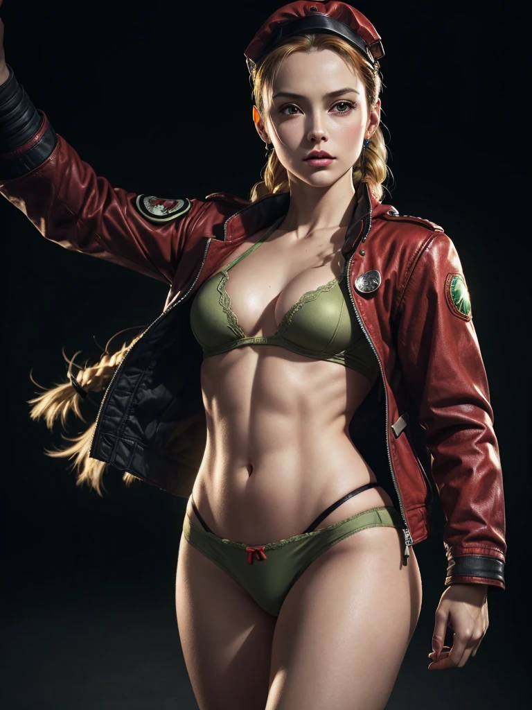 High quality,masterpiece,HD32k,(hyperrealistic:1.2),
(Cammy:1.47),two braids,solo,hat,jacket,abs,long hair,underwear,earrings,blonde hair,looking at the lens,open shirt,panties,green shirt,open clothes,nose,chest,hips,black panties,lips,black headwear,baseball cap,raised arms,realistic,high leg,medium chest,muscular,forehead,belly,standing,navel,cropped cut,toned,cowboy shot,no pants,(realistic skin texture),(seductive,sexy,depraved),(soft lighting,soft edge lighting,deep shadows,film grain),dark_red_gothic_background,complex background,