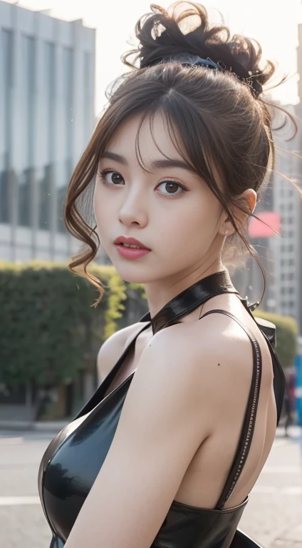Highest quality、masterpiece:1.2、(Realistic、Realistic:1.37)、One Girl、cute、Cityscape、night、rain、Wet、Professional Lighting、Photon Mapping、Radio City、Physically Based Rendering、Gradient brunette hair、Short Curly Hair、good looking、White ball set、Excellent image quality、High resolution、1080P、(Clear Face)、(Detailed face description)、(Detailed hand description)、(Masseter region)、(Exquisite CGI)、 Extreme light and shadow、My hair is messy、masterpiece、Rich details、(Exquisite facial features)、(Best image quality)、(masterpiece)、(Eye on the details)、Looking forward to meeting you、Delicate clavicle、Leather Belt、((Leather Dresses))、