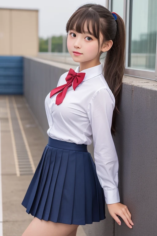 Real、Highest quality、cute、girl、Middle school students、ponytail、Brown Hair、Beautiful eyes、Beautiful Lips、Navy blue pleated skirt、White shirt、Red bow tie、Black socks、socks are dark blue、Slightly larger breasts、Hanging from the wall、School rooftop、Hands in her skirt、it's raining