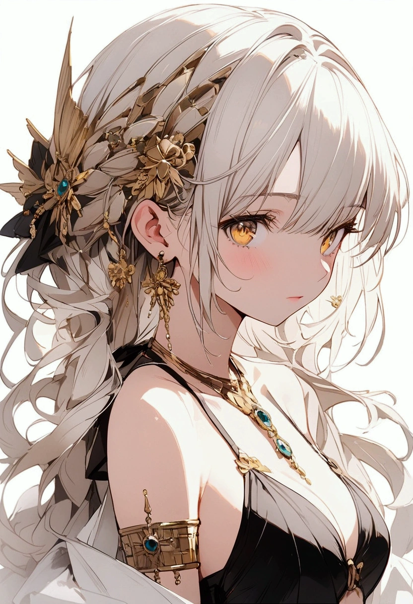 A girl with white hair and golden eyes with an aesthetic build in a bikini