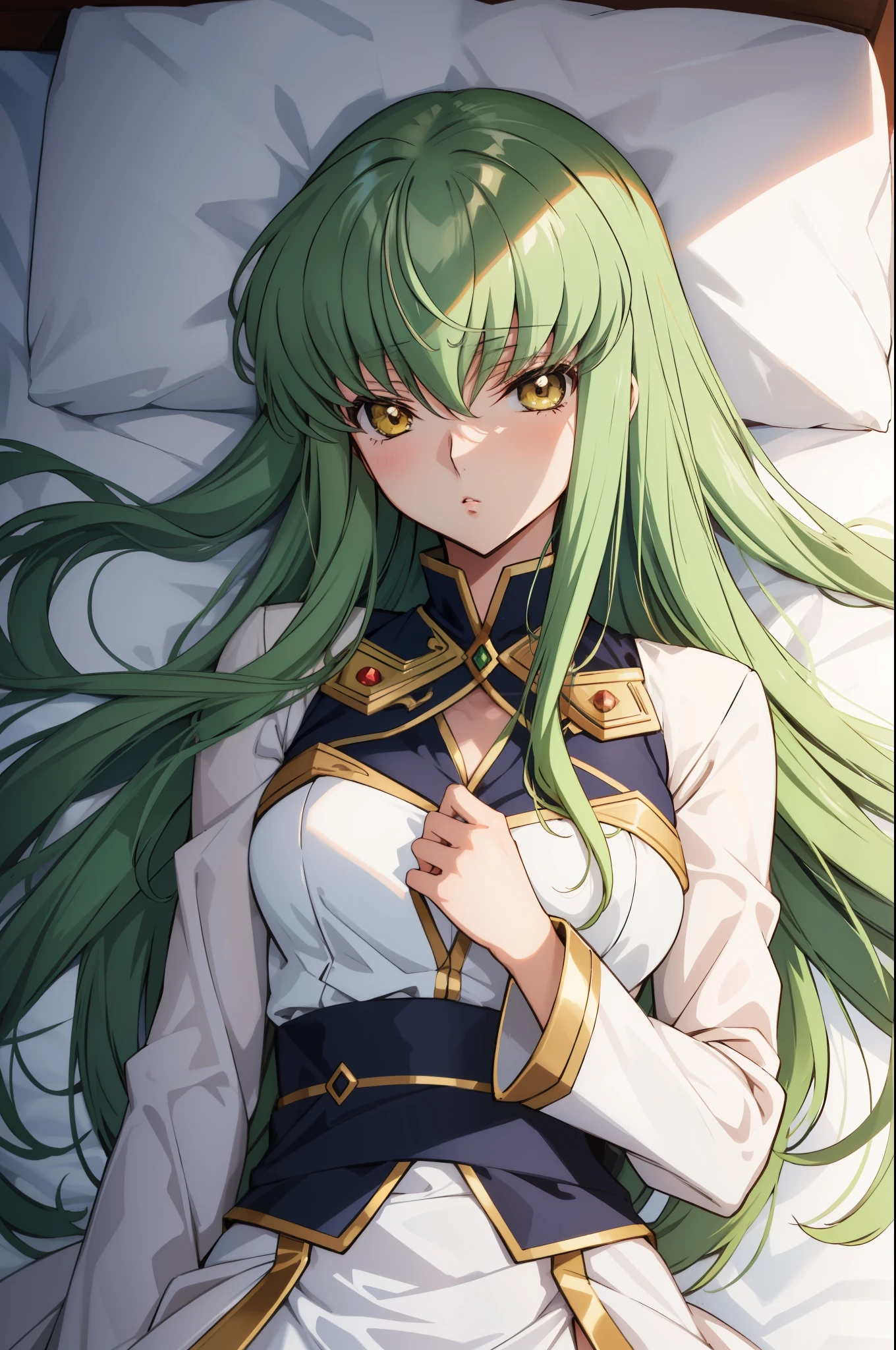 (masterpiece, best quality),  Intricate details,
1 Girl, Cc_Code Geass, Hair between the eyes, Very long hair, White bedroom suit, Lying in bed, Back, Sleep,