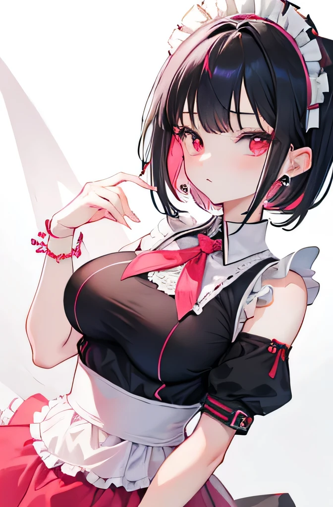 Anime, girl, teenage, hime-cut, short hair, black hair, red eyes, cool, earrings, highlights pink under hair, big boob, sexy-cute, full-bodied, wearing a maid uniform,
