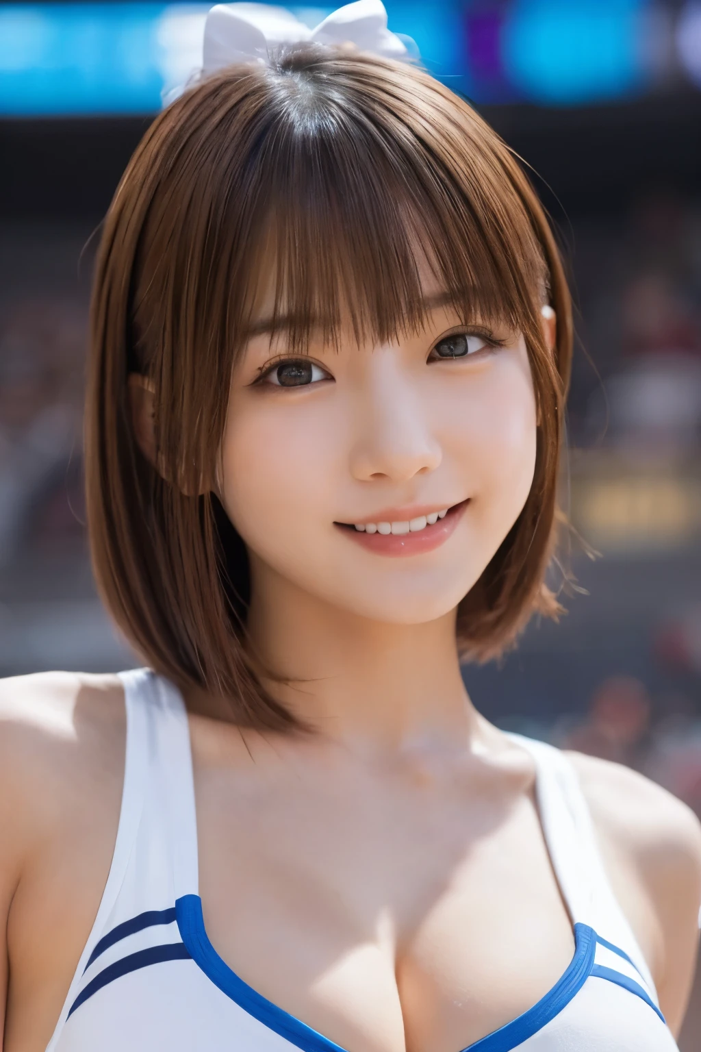 Realistic、Masseter region、Highest quality、High resolution、RAW Photos、Realistic、Bright lighting、Face Light、Smooth Professional Lighting、Japanese women、Beautiful woman、Modeled、gravure、sexy、so beautiful、Realisticで美しい肌、Beautiful and detailed、Detailed face、slim、Large Breasts、Cleavage、short hair、Brunette Hair、Brown eyes、Looking into the camera、Cheerleader、Cheerleader、Cheerleader、smile