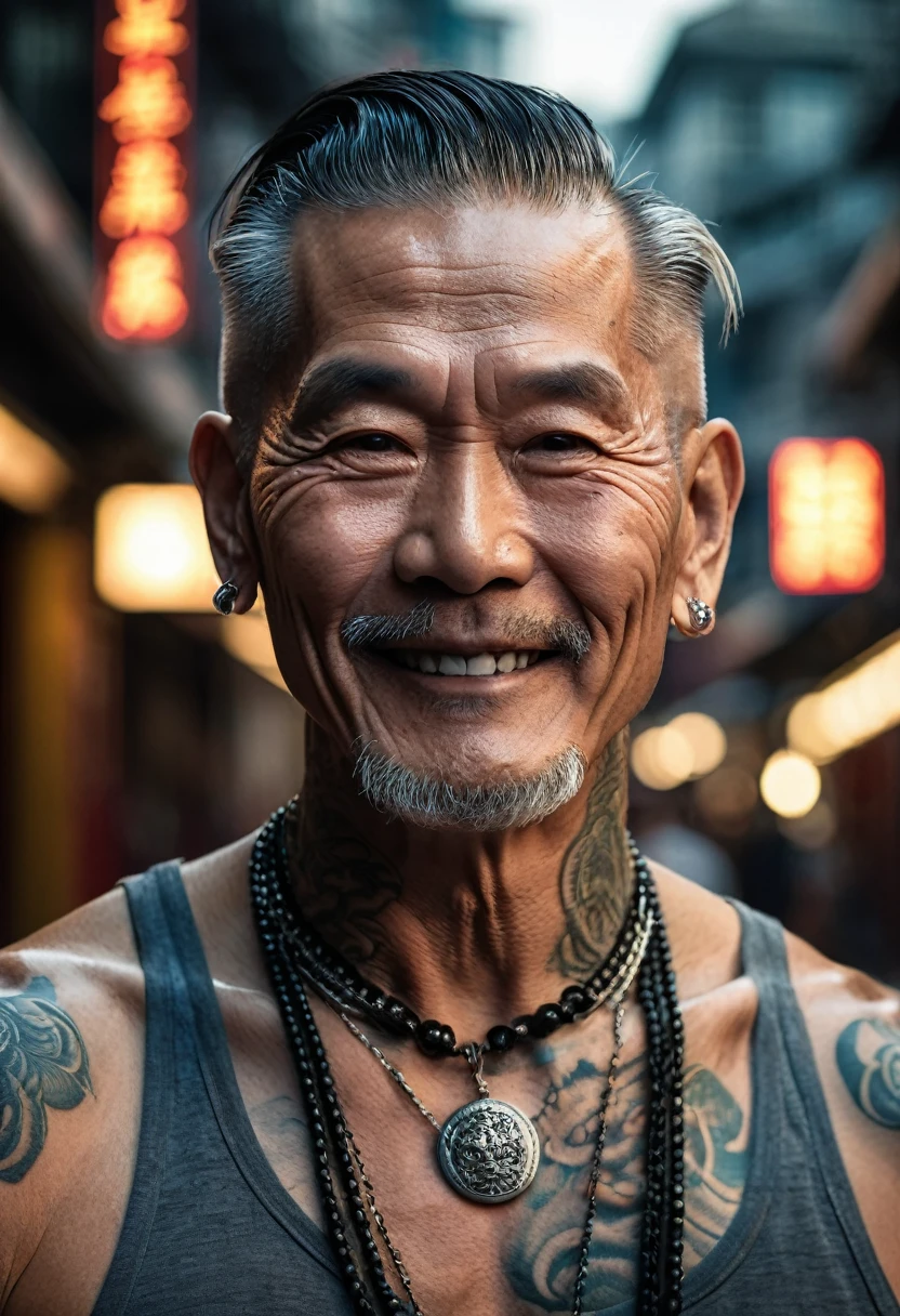Close-up of a handsome old man, muscular, tattooed, wearing a necklace, hair tied up, street background, gangster style, romantic, Hong Kong cinema. Cinematic lighting, high detail, 8k, artstation, conceptual art, dark fantasy. Photo taken with Canon EOS R5 85mm f/11 camera, ((sharp)) mode of the person and surrounding scenery. Image quality ((8K)), ((realistic)), ((masterpiece)), ((sharpest and highest contrast)), ((excellent depth of field)), ((stereoscopic lighting)). ((bright, bright smile)), detailed pores, ((Direct light on the face)), bright sunlight.
