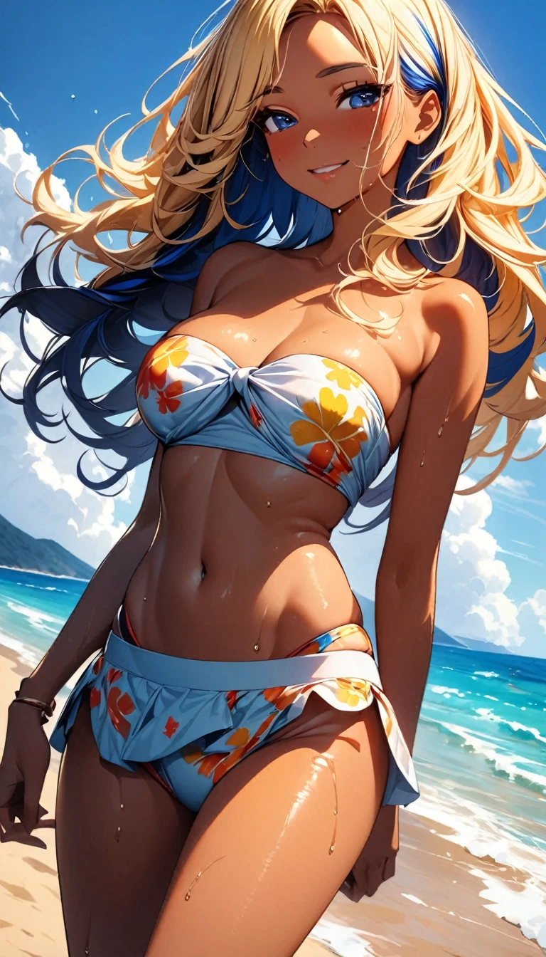 (highest quality:1.2, Very detailed, up to date, Vibrant, Ultra-high resolution, High Contrast, masterpiece:1.2, highest quality, Best aesthetics), Portraiture、girl、slim, Bright colors、Beautiful fine details、Beautiful lip detail、long hair, ((wavy hair:0.6))、messy hair, blonde and blue ((streaked hair:1.1)), highlights hair: 1.3, medium breast, (tan skin:1.3), beautiful beach, day, sun shine, blue sky, bandeau bikini, flower print, wet skin, happy, Cowboy shot,