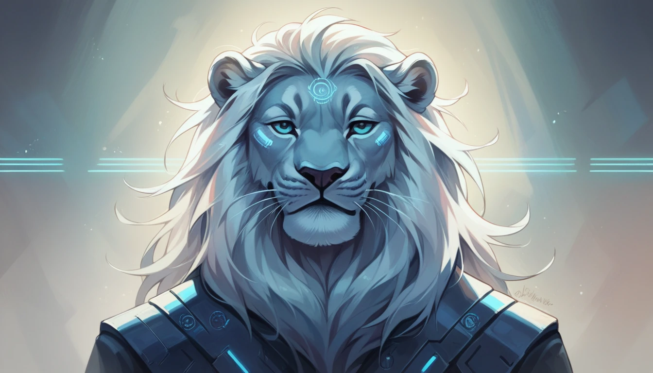 Best Quality, masterpiece, Photography, bust of a lion raised geometric futuristic photo realistic front half body presenting news in future, white and silver geometric futuristic abstract style in the smart city of the city of Caracas, blue neon led cinematic lighting