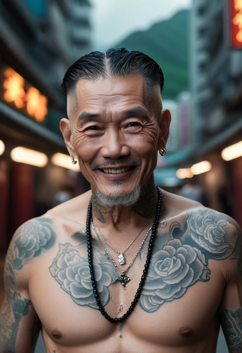 Close-up of a handsome old man, muscular, tattooed, wearing a necklace, hair tied up, street background, gangster style, romantic, Hong Kong cinema. Cinematic lighting, high detail, 8k, artstation, conceptual art, dark fantasy. Photo taken with Canon EOS R5 85mm f/11 camera, ((sharp)) mode of the person and surrounding scenery. Image quality ((8K)), ((realistic)), ((masterpiece)), ((sharpest and highest contrast)), ((excellent depth of field)), ((stereoscopic lighting)). ((bright, bright smile)), detailed pores, ((Direct light on the face)), bright sunlight.
