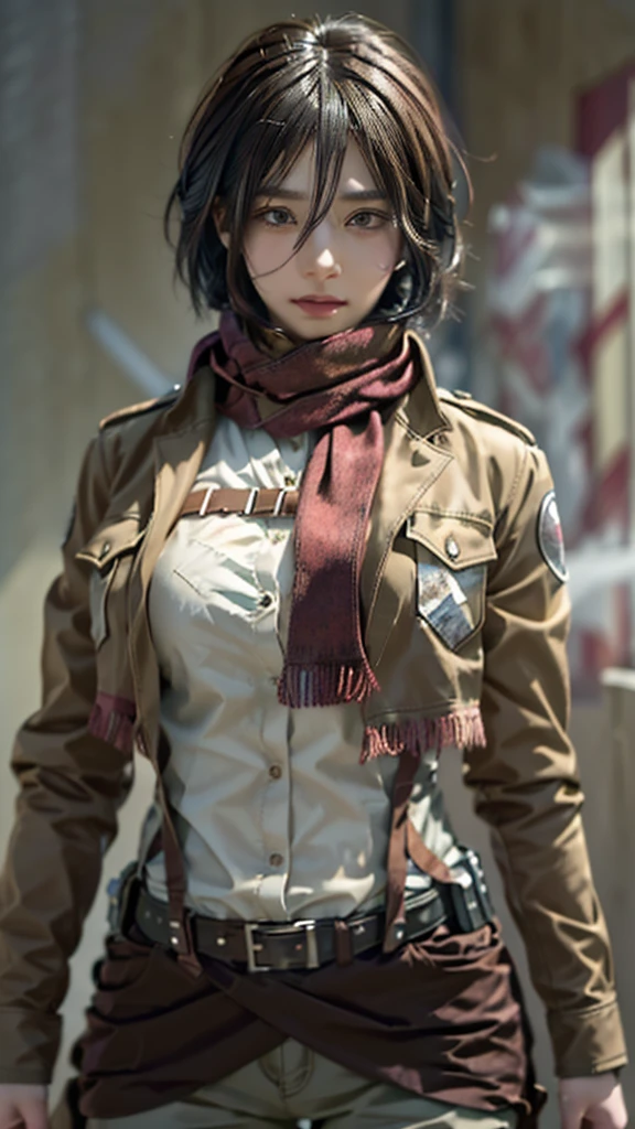 Close-up of a woman in a jacket and scarf, Mikasa Ackerman, From Attack on Titan, anime girl Cosplay, anime Cosplay, Similar to Annie Leonhart, full-Cosplay, Cosplay, female Anime characters, realistic Cosplay, professional Cosplay, Anime characters, Attack on Titan anime style, Portrait of a female anime hero, Real life anime girls