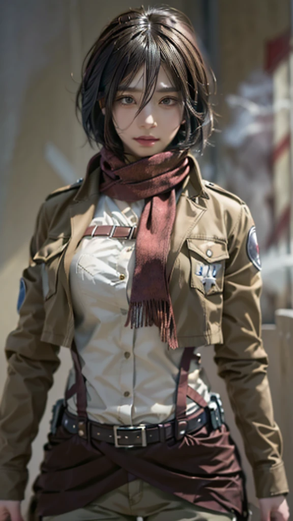 Close-up of a woman in a jacket and scarf, Mikasa Ackerman, From Attack on Titan, anime girl Cosplay, anime Cosplay, Similar to Annie Leonhart, full-Cosplay, Cosplay, female Anime characters, realistic Cosplay, professional Cosplay, Anime characters, Attack on Titan anime style, Portrait of a female anime hero, Real life anime girls