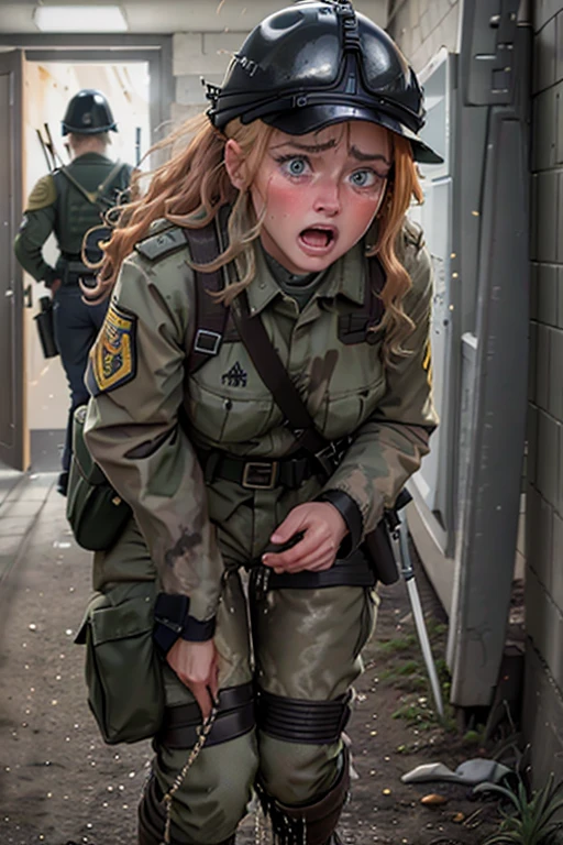 8k high resolution, best quality, dutch soldier girl, 22 years old,  curly strawberry blonde hair, decent makeup, dutch infantry uniform and Gear, dutch infantry field uniform and helmet, cowardly female recruit, standing at the battlefield, scared, shocked, eyes wide open, crying in fear, tears running down her cheeks, smeared makeup, explosion in the backround, terrified, peeing her uniform pants, pee pants accident, visible wet pants, peeing herself, cowardly, totally scared, horrified, visibly wet tight uniform pants, peestained pants, visibly wet fabric of her pants