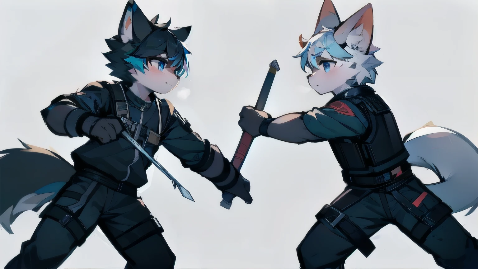 หมาป่าสีlegว，hairสีดำ，conjunctivitis，wolf ears，wolf tail，Juvenile，man，hairy，hair，half body armor，Combat Suit，Silver and black clothes，handsome，handsome，กางเกงlegสั้น，The forearm was exposed.，leg，fighting posture，Duel，Two people，worry，มีswordเป็นอาวุธ，simple background，sword