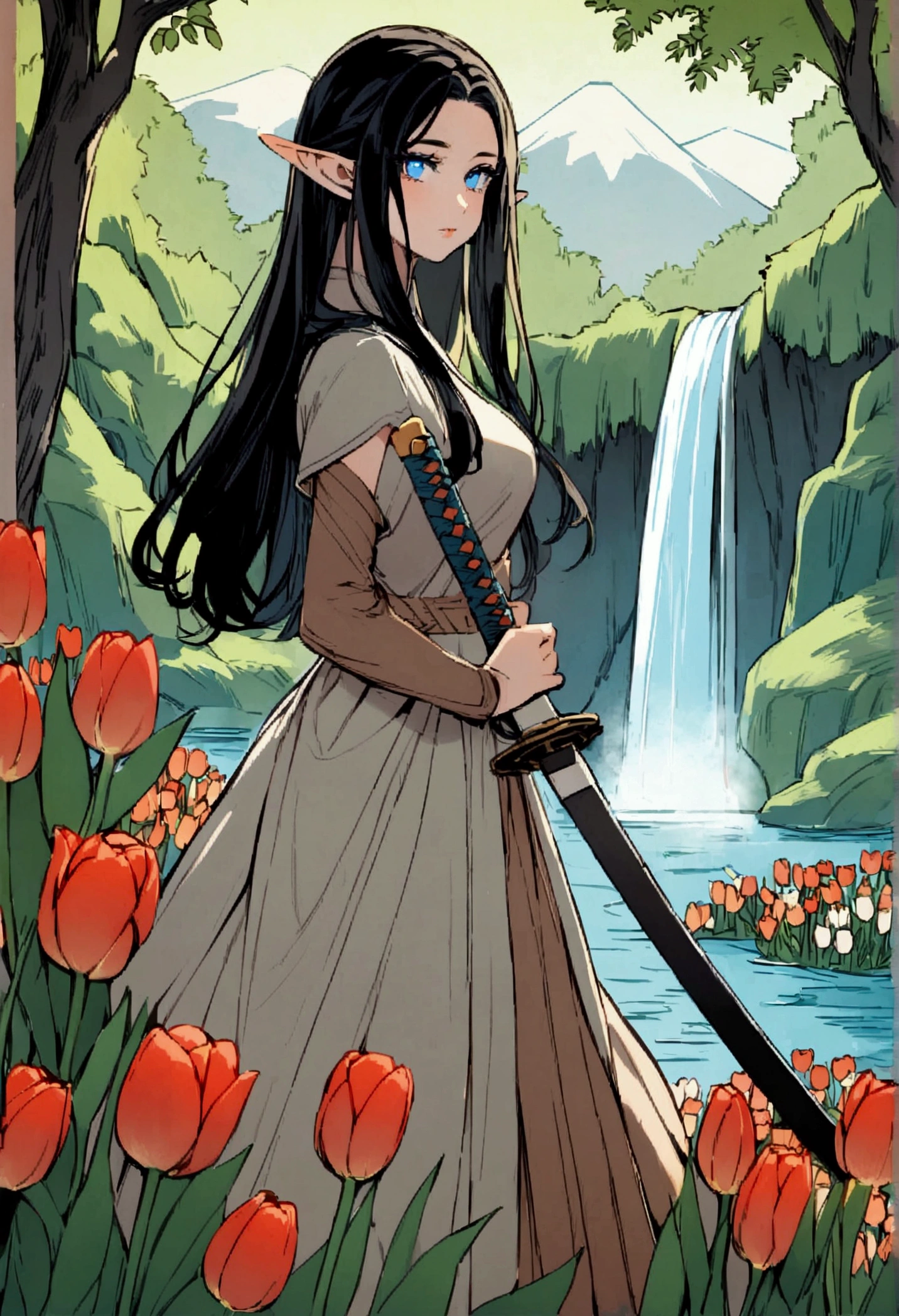 Young elf woman with blue eyes and black hair wielding a katana with a background of a waterfall, several green trees, tulips, roses and mountains 