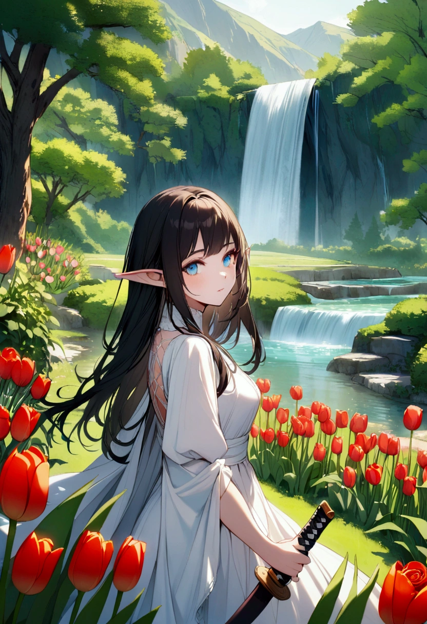 Young elf woman with blue eyes and black hair wielding a katana with a background of a waterfall, several green trees, tulips, roses and mountains 