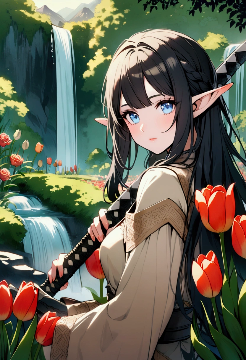 Young elf woman with blue eyes and black hair wielding a katana with a background of a waterfall, several green trees, tulips, roses and mountains