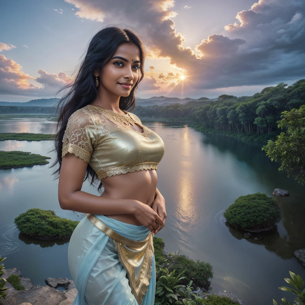 indian mature girl indain women, mature indian ,Masterpiece, blouse less sari(((full figure ))) entire body in frame, (((magical lighting action shot))) (((beautiful fit cute smiling woman standing on marble surrounded by clouds in heaven vast floating lakes rivers waterfalls fantasy landscape))), (((gold lace looking into the camera))) , ((( accurate hands accurate eyes))) moody lighting, blue hour, blue colors, very detailed, dramatic light, 8k HD high definition detailed realistic, detailed, skin texture, hyper detailed, realistic skin texture, armature, best quality, ultra high res, (photorealistic:1.4), high resolution, detailed, raw photo, sharp re, nikon d850 film stock photograph 4 kodak portra 400 camera f1.6 lens rich colors hyper realistic lifelike texture dramatic lighting unrealengine ,cinestill 800, (((accurate female anatomy, perfect eyes))) (((500px, fstoppers, photosight.ru, iso noise))), side view